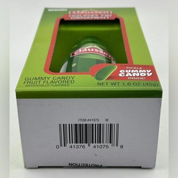 CLAUSSEN Pickle Shaped Tin Ornament With Gummy Pickle Inside~ New - Picture 6 of 6